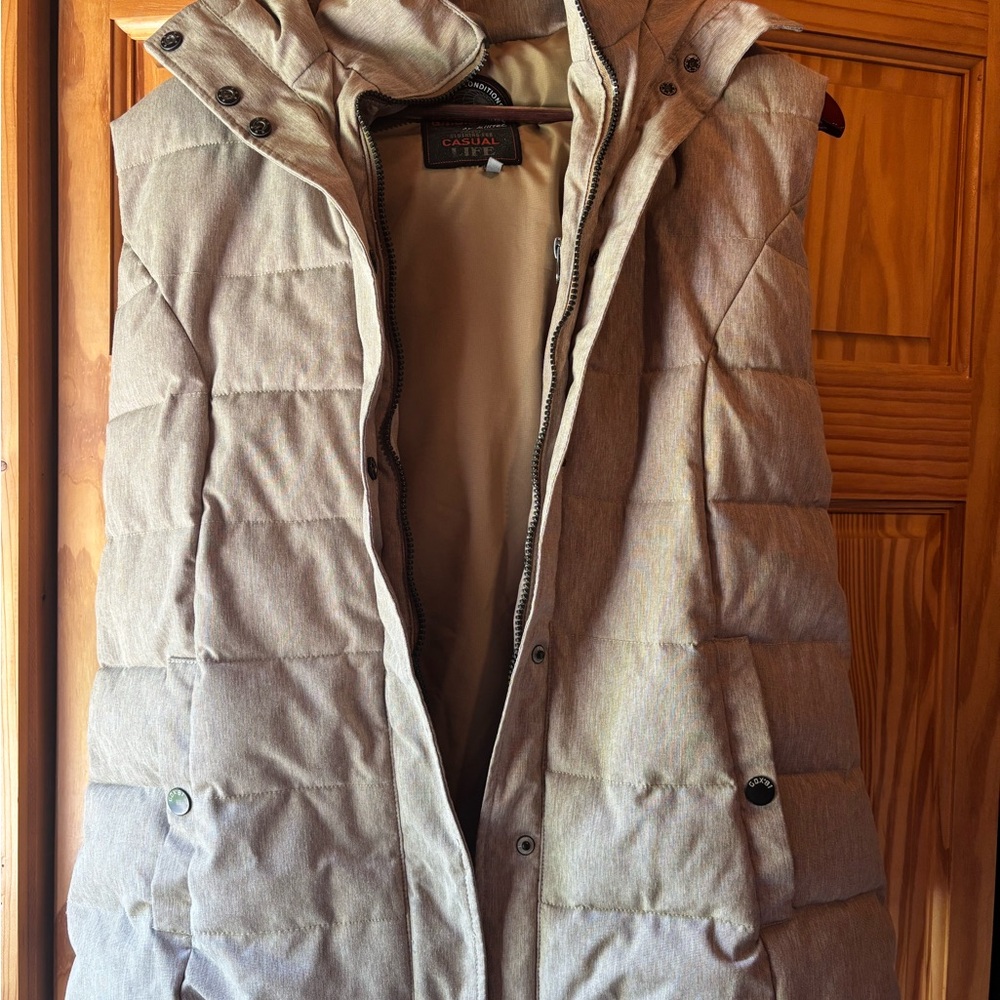 Tan Quilted Hooded Vest with Weather-Resistant Fabric